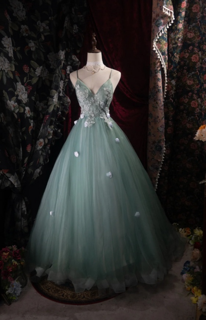 Elegant A-Line Soft Green Long Prom Dress Appliques Tulle Spaghetti Straps Evening Dress Backless Birthday Dress ED06351