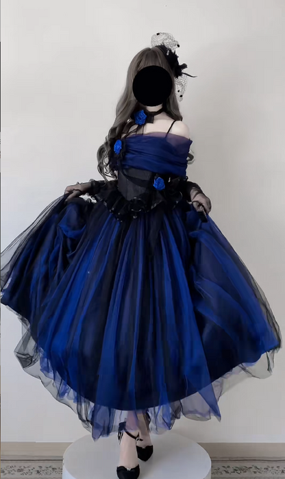 Chic A-Line Blue Long Prom Dress Tulle Spaghetti Straps Evening Dress Sleeveless Birthday Dress ED06352