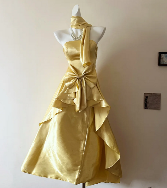 Chic A-Line Gold Long Prom Dress Satin Strapless Evening Dress Sleeveless Birthday Dress ED06353