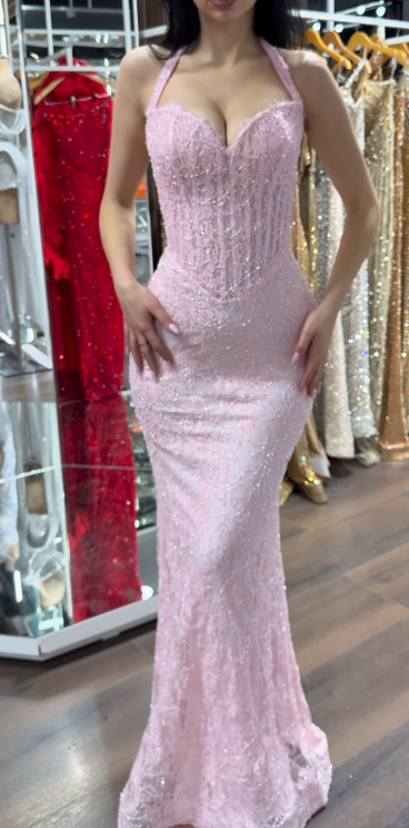 Chic Mermaid Pink Long Prom Dress Beaded Lace Halter Evening Dress Sleeveless Birthday Dress ED06354
