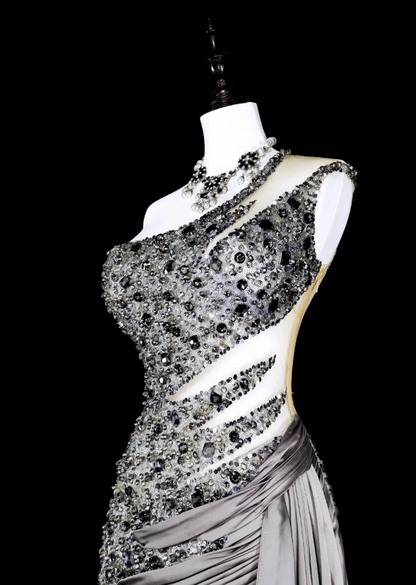 Chic Sheath Sliver Long Prom Dress Beaded Satin One-shoulder Evening Dress Sleeveless Birthday Dress ED06357