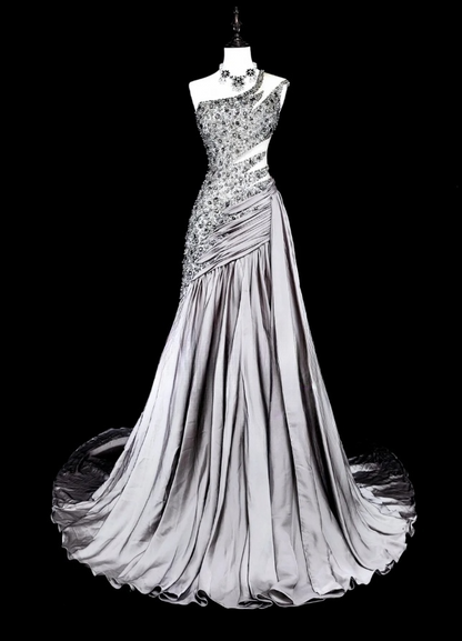 Chic Sheath Sliver Long Prom Dress Beaded Satin One-shoulder Evening Dress Sleeveless Birthday Dress ED06357