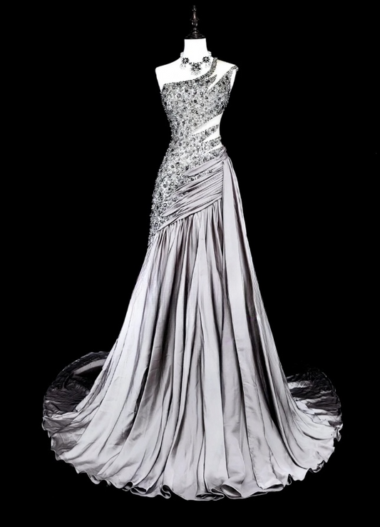 Chic Sheath Sliver Long Prom Dress Beaded Satin One-shoulder Evening Dress Sleeveless Birthday Dress ED06357