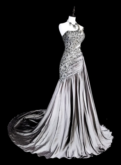 Chic Sheath Sliver Long Prom Dress Beaded Satin One-shoulder Evening Dress Sleeveless Birthday Dress ED06357