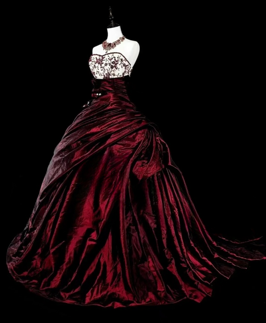 Chic Ball Gown Burgundy Long Prom Dress Beaded Satin Strapless Evening Dress Sleeveless Quinceanera Dress ED06358