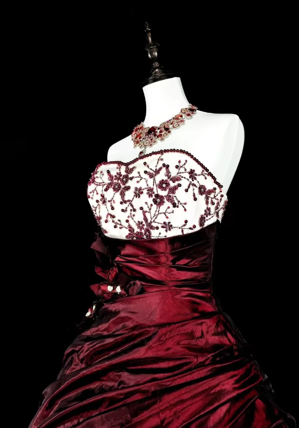 Chic Ball Gown Burgundy Long Prom Dress Beaded Satin Strapless Evening Dress Sleeveless Quinceanera Dress ED06358