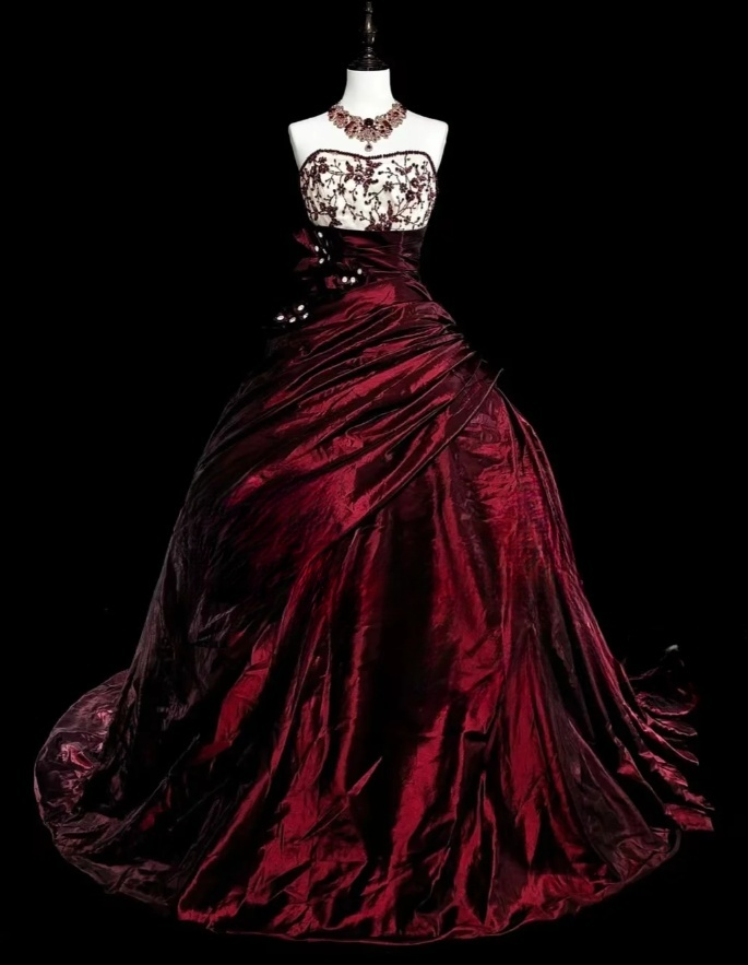 Chic Ball Gown Burgundy Long Prom Dress Beaded Satin Strapless Evening Dress Sleeveless Quinceanera Dress ED06358