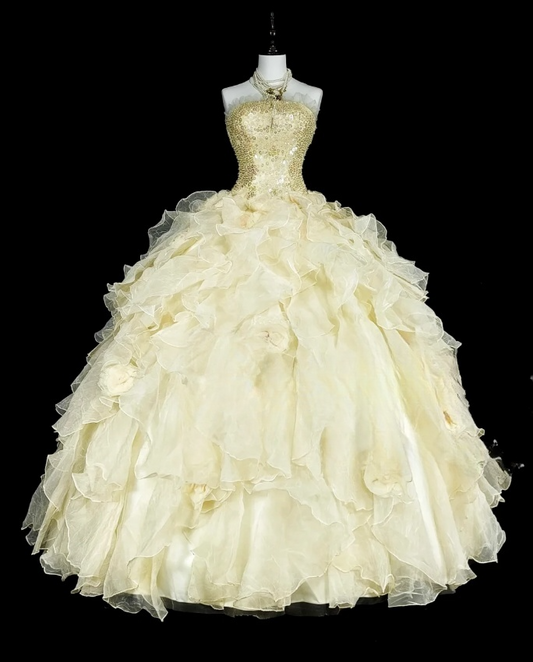 Chic Ball Gown Yellow Long Prom Dress Tulle Sequins Strapless Evening Dress Sleeveless Quinceanera Dress ED06359