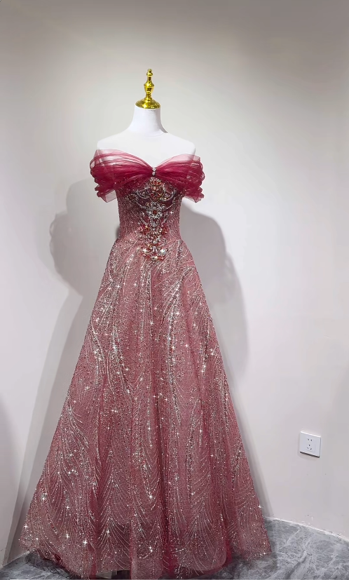 Gorgeous A-line Burgundy Long Prom Dress Tulle Beaded Off-shoulder Evening Dress Sparkly Birthday Dress ED06361