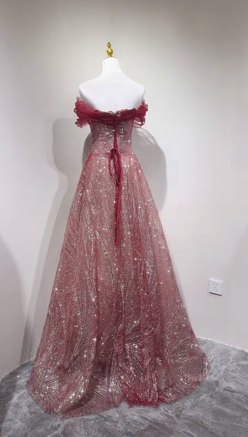 Gorgeous A-line Burgundy Long Prom Dress Tulle Beaded Off-shoulder Evening Dress Sparkly Birthday Dress ED06361
