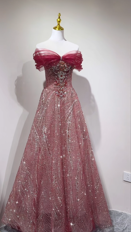 Gorgeous A-line Burgundy Long Prom Dress Tulle Beaded Off-shoulder Evening Dress Sparkly Birthday Dress ED06361