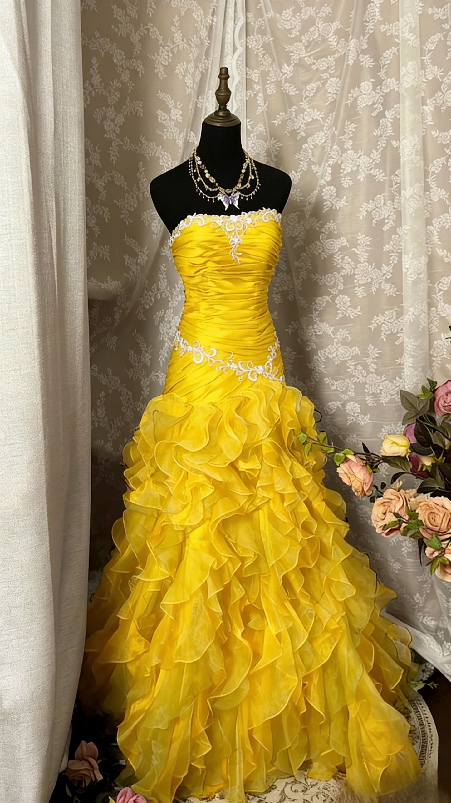 Gorgeous Sheath Yellow Long Prom Dress Tulle Beaded Strapless Evening Dress Sleeveless Birthday Dress ED06362