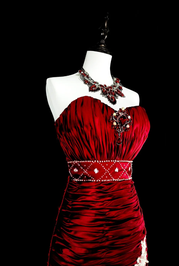 Gorgeous Mermaid Burgundy Long Prom Dress Applique Satin Sweetheart Evening Dress Sleeveless Birthday Dress ED06363