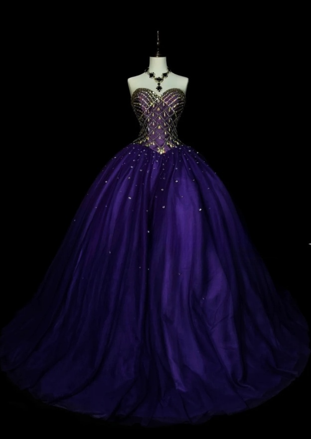 Gorgeous A-Line Purple Long Prom Dress Sequins Satin Sweetheart Evening Dress Tulle Sleeveless Birthday Dress ED06364