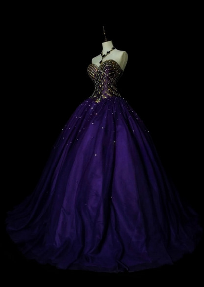 Gorgeous A-Line Purple Long Prom Dress Sequins Satin Sweetheart Evening Dress Tulle Sleeveless Birthday Dress ED06364
