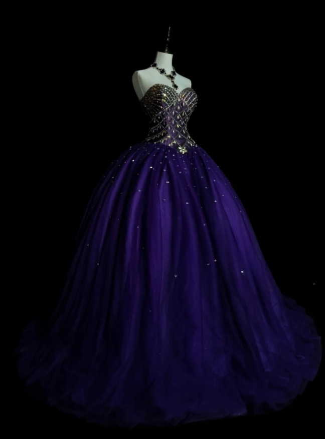 Gorgeous A-Line Purple Long Prom Dress Sequins Satin Sweetheart Evening Dress Tulle Sleeveless Birthday Dress ED06364