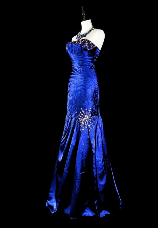 Gorgeous Sheath Royal Blue Long Prom Dress Sequins Satin Strapless Evening Dress Sleeveless Birthday Dress ED06365