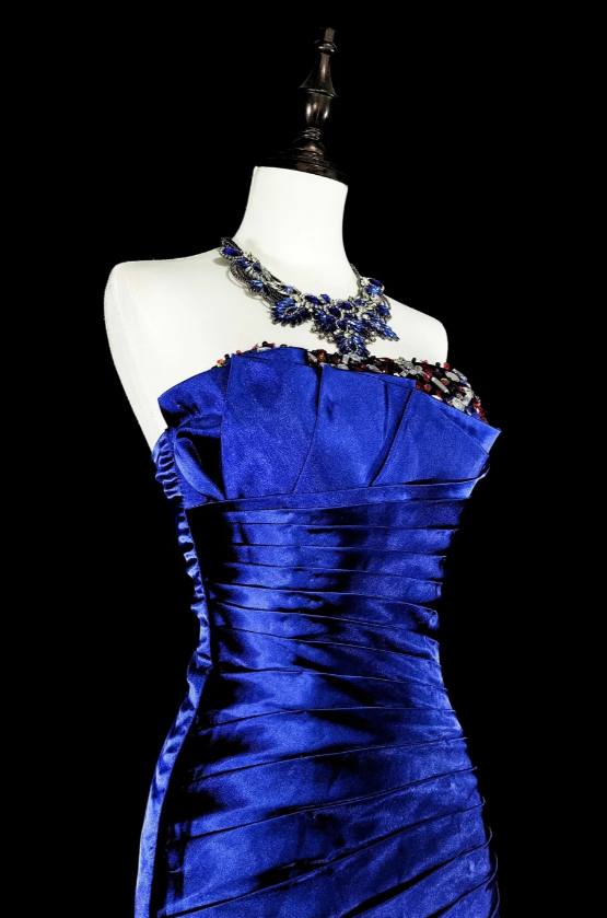 Gorgeous Sheath Royal Blue Long Prom Dress Sequins Satin Strapless Evening Dress Sleeveless Birthday Dress ED06365