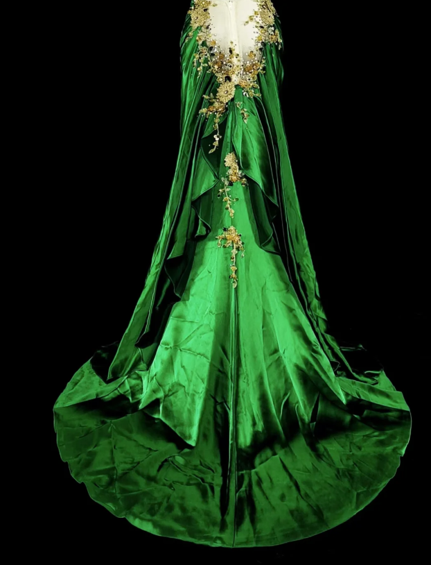 Gorgeous Mermaid Green Long Prom Dress Beaded Satin Spaghetti Straps Evening Dress with Backless ED06367