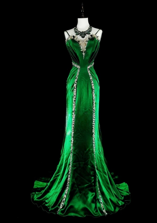 Gorgeous Mermaid Green Long Prom Dress Beaded Satin Spaghetti Straps Evening Dress with Backless ED06367