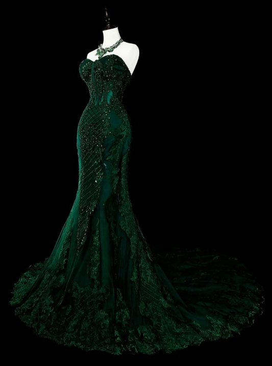 Gorgeous Mermaid Dark Green Long Prom Dress Applique Tulle Sweetheart Evening Dress  ED06368