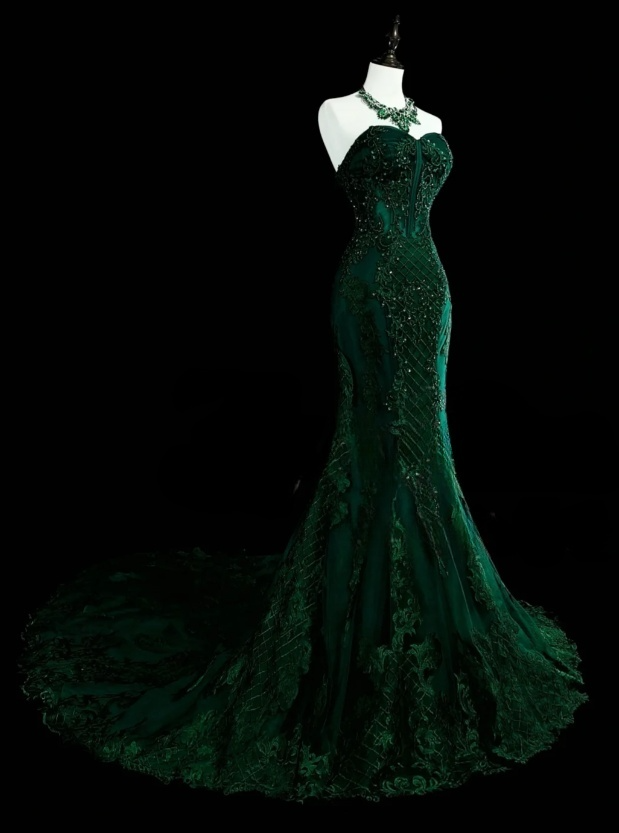 Gorgeous Mermaid Dark Green Long Prom Dress Applique Tulle Sweetheart Evening Dress  ED06368