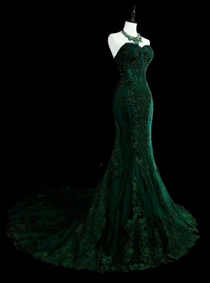 Gorgeous Mermaid Dark Green Long Prom Dress Applique Tulle Sweetheart Evening Dress  ED06368
