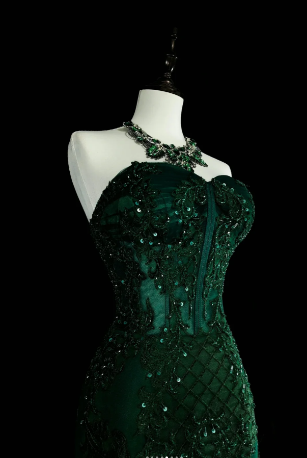 Gorgeous Mermaid Dark Green Long Prom Dress Applique Tulle Sweetheart Evening Dress  ED06368