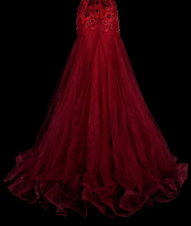 Gorgeous Mermaid Burgundy Long Prom Dress Applique Tulle Beaded V-neck Evening Dress  ED06369