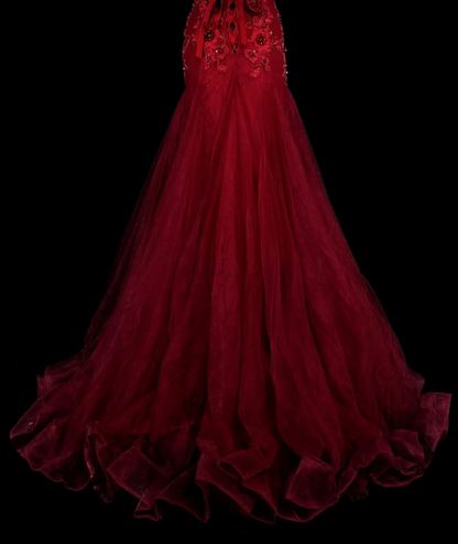 Gorgeous Mermaid Burgundy Long Prom Dress Applique Tulle Beaded V-neck Evening Dress  ED06369