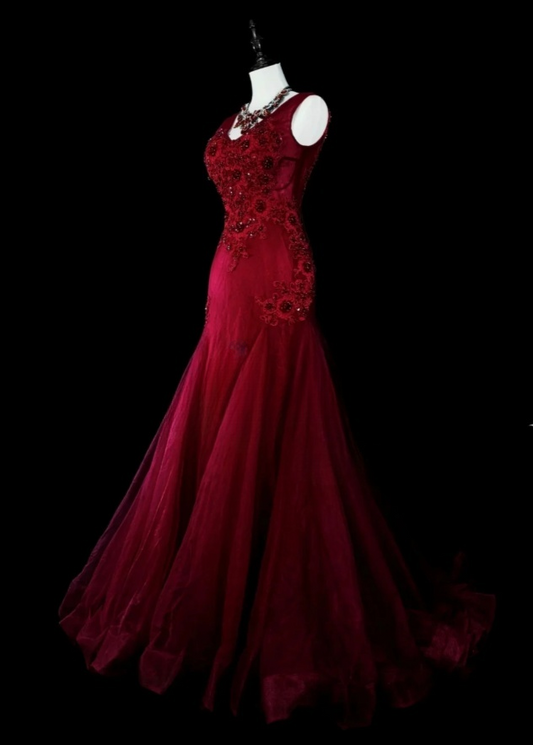 Gorgeous Mermaid Burgundy Long Prom Dress Applique Tulle Beaded V-neck Evening Dress  ED06369