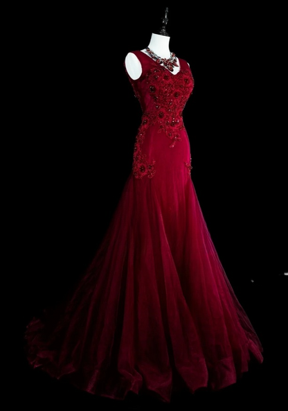 Gorgeous Mermaid Burgundy Long Prom Dress Applique Tulle Beaded V-neck Evening Dress  ED06369