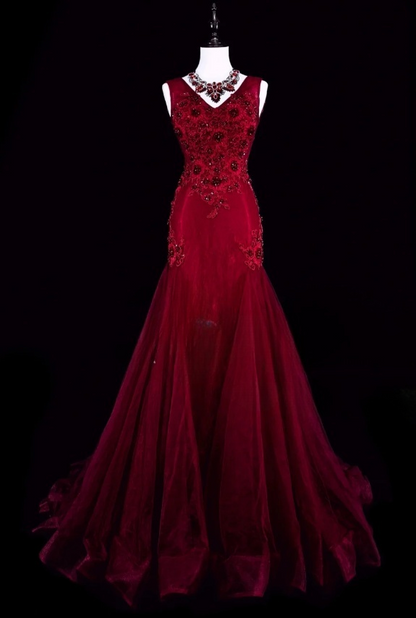 Gorgeous Mermaid Burgundy Long Prom Dress Applique Tulle Beaded V-neck Evening Dress  ED06369