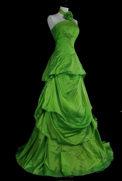 Gorgeous A-line Green Long Prom Dress Sequins Satin Halter Evening Dress ED06370