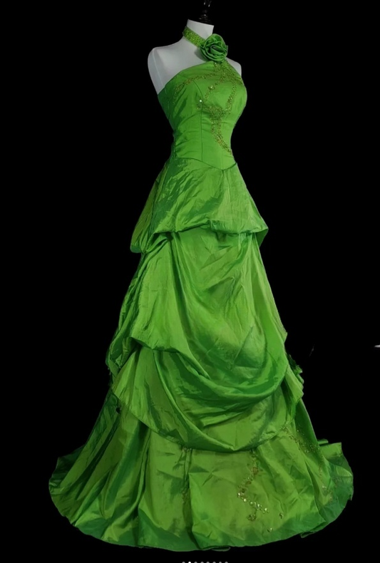 Gorgeous A-line Green Long Prom Dress Sequins Satin Halter Evening Dress ED06370