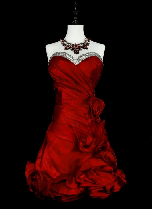 Chic A-line Burgundy Short Prom Dress Satin Sweetheart Evening Dress Sleeveless Party Dress ED06372