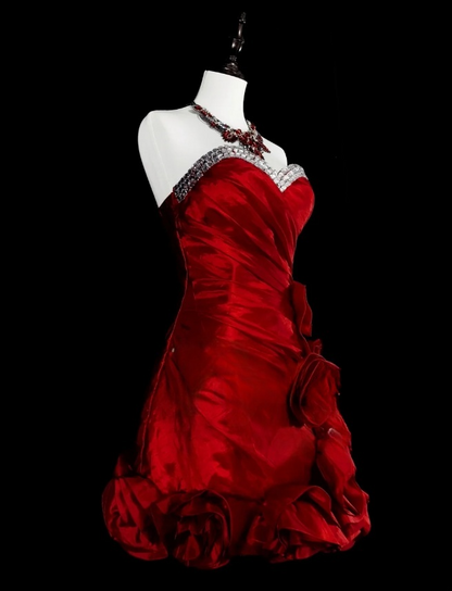Chic A-line Burgundy Short Prom Dress Satin Sweetheart Evening Dress Sleeveless Party Dress ED06372