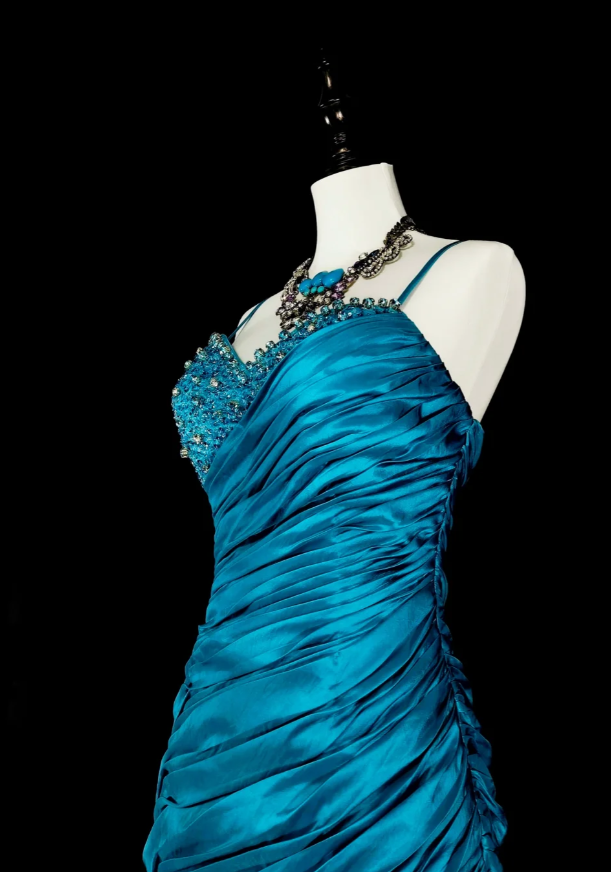 Chic Sheath Blue Long Prom Dress Satin Spaghetti Straps Evening Dress Sleeveless Party Dress ED06373