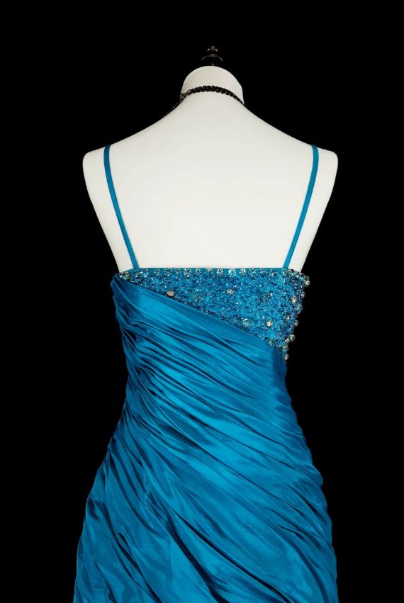 Chic Sheath Blue Long Prom Dress Satin Spaghetti Straps Evening Dress Sleeveless Party Dress ED06373