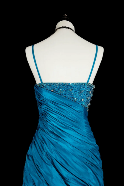 Chic Sheath Blue Long Prom Dress Satin Spaghetti Straps Evening Dress Sleeveless Party Dress ED06373