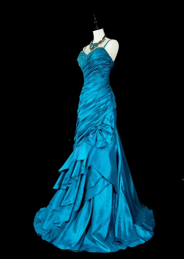 Chic Sheath Blue Long Prom Dress Satin Spaghetti Straps Evening Dress Sleeveless Party Dress ED06373