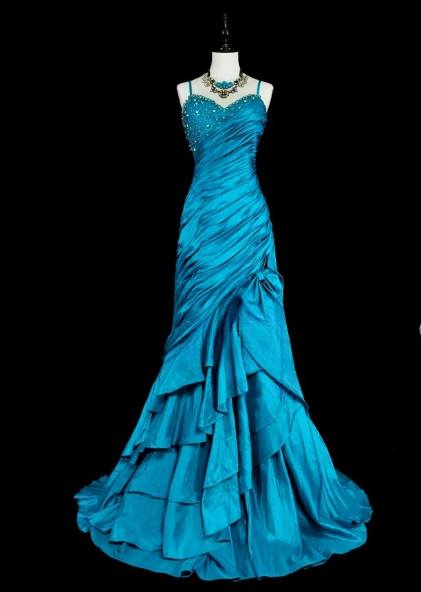 Chic Sheath Blue Long Prom Dress Satin Spaghetti Straps Evening Dress Sleeveless Party Dress ED06373