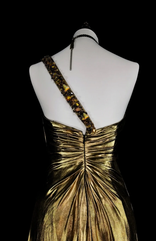 Chic Sheath Gold Long Prom Dress Metallic One-shoulder Evening Dress Sleeveless Party Dress ED06374