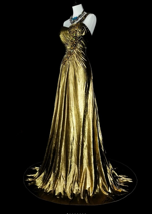 Chic Sheath Gold Long Prom Dress Metallic One-shoulder Evening Dress Sleeveless Party Dress ED06374