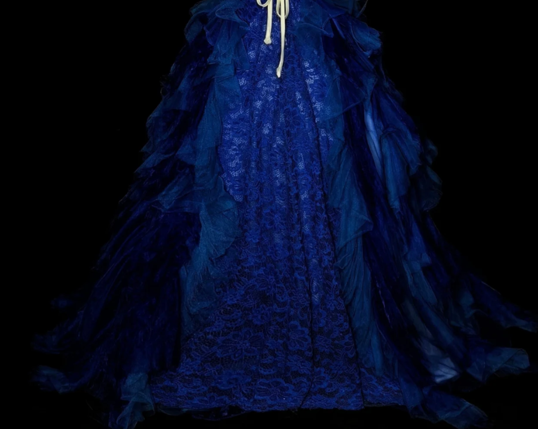 Chic A-Line Blue Long Prom Dress Lace Strapless Evening Dress Sleeveless Sweet 16 Dress ED06375