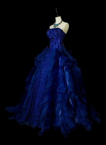 Chic A-Line Blue Long Prom Dress Lace Strapless Evening Dress Sleeveless Sweet 16 Dress ED06375