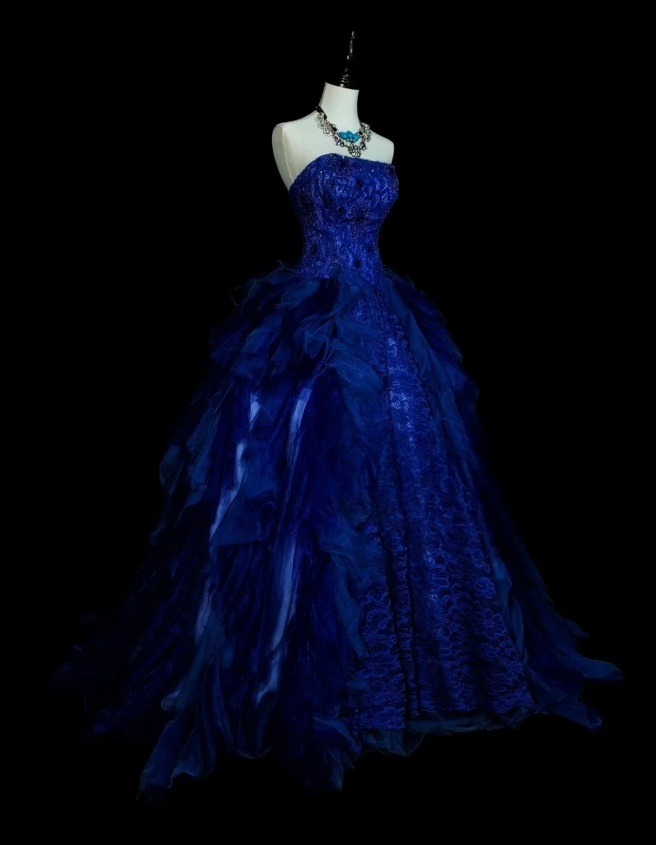 Chic A-Line Blue Long Prom Dress Lace Strapless Evening Dress Sleeveless Sweet 16 Dress ED06375