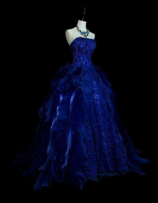 Chic A-Line Blue Long Prom Dress Lace Strapless Evening Dress Sleeveless Sweet 16 Dress ED06375