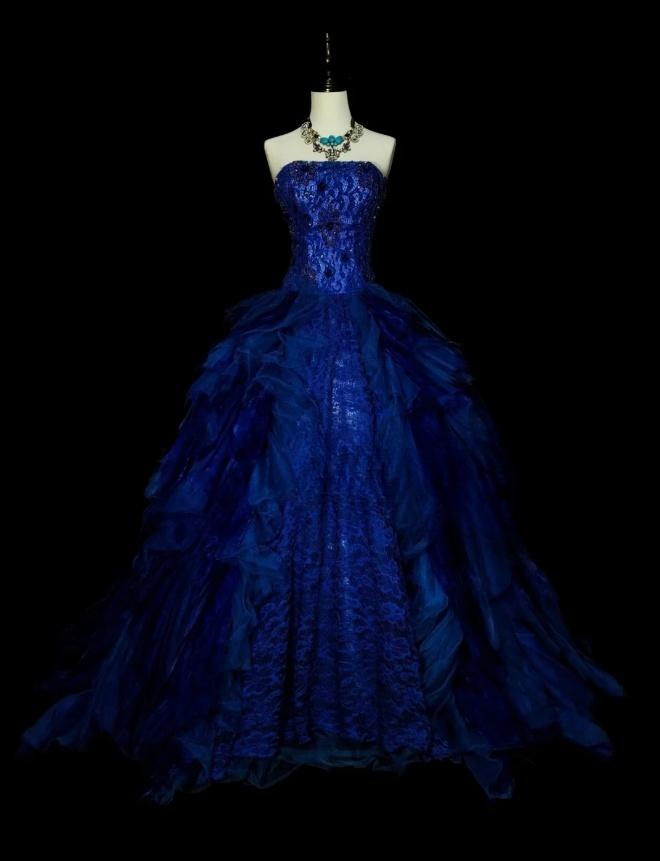 Chic A-Line Blue Long Prom Dress Lace Strapless Evening Dress Sleeveless Sweet 16 Dress ED06375