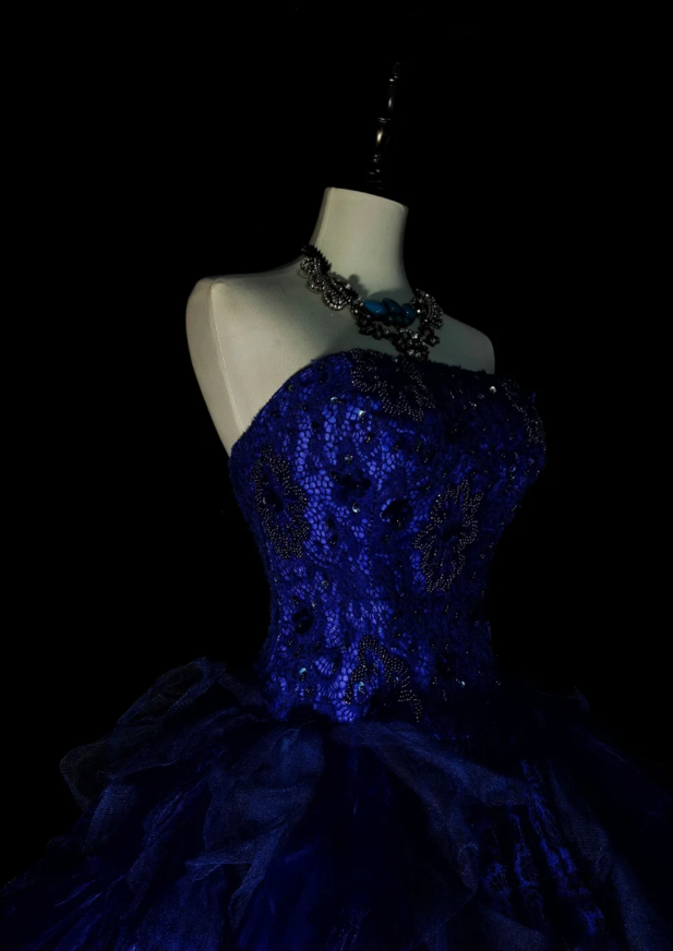 Chic A-Line Blue Long Prom Dress Lace Strapless Evening Dress Sleeveless Sweet 16 Dress ED06375